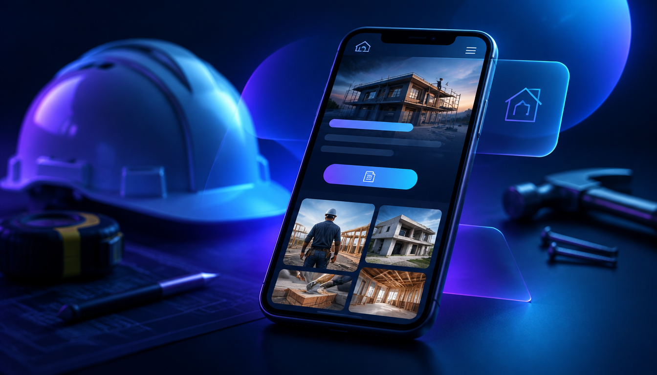 Smartphone affichant le site vitrine d'un artisan du bâtiment avec une galerie de chantiers et un bouton de demande de devis